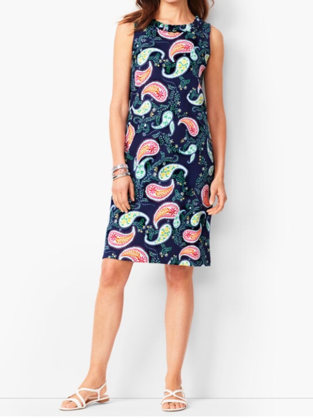 NWT Talbots Navy Blue Paisley Print Ruffle Neckline Sleeveless Shift Dress Sz SP